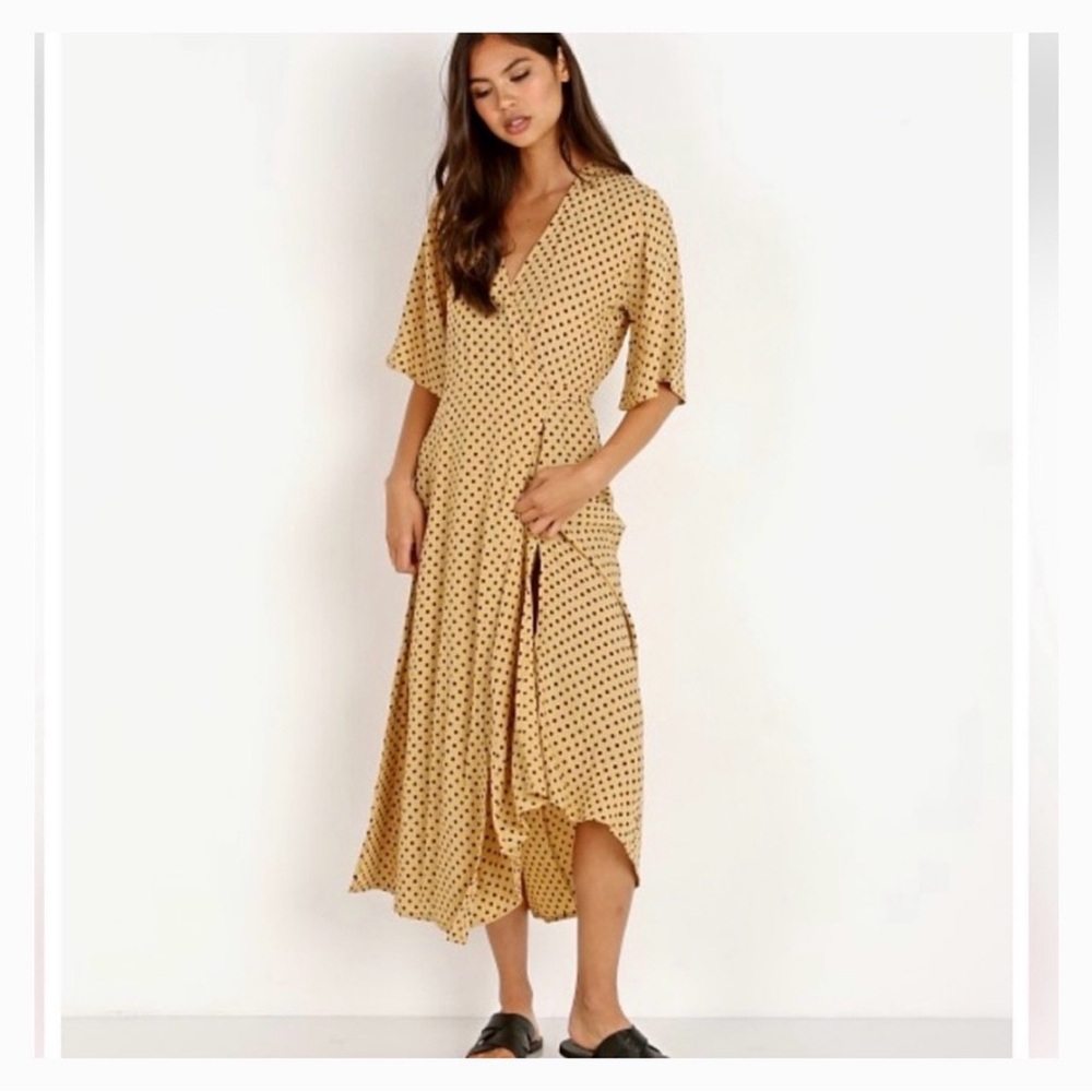 Faithfull the Brand Ocre-Yellow, Polka Dot Wrap Midi Dress, XS